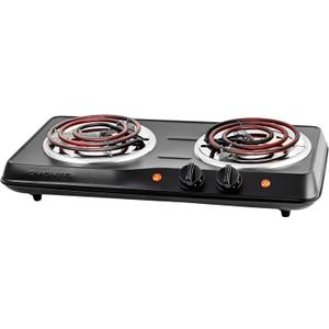 OVENTE Electric Countertop Double Burner, 1700W Cooktop with 6" and 5.75" Stainless Steel Coil Hot Plates, 5 Level Temperature Control, Indicator Lights and Easy to Clean Cooking Stove, Black BGC102B