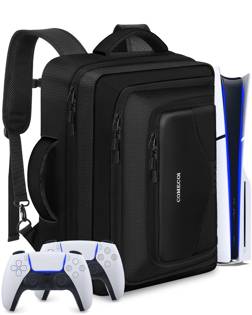 COMECOI Carrying Case for PS5, Travel Backpack for PS 5 Pro, Large Capacity Protective Storage Bag Compatible with Playstation 5 Disk/ Digital Edition Console, Controllers, Cards, Accessories (Black)