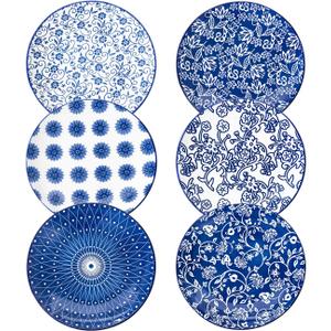 Ceramic Salad Plates Set - 8.5 Inch Small Round Dessert Dishes for Kitchen Dinner Pasta Appetizer Sandwich - Scratch Resistant Porcelain Microwave Oven Dishwasher Safe - Set of 6 - Vintage Blue