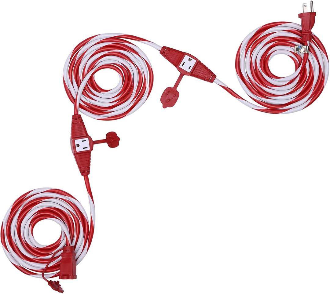DEWENWILS 25FT Outdoor Extension Cord with Multiple Spaced Outlets Plugs, 16/3 SJTW Power Cord for Outdoor String Lights and Holiday Decorations, Appliances, UL Listed, Candy Cane (red swirl with white)