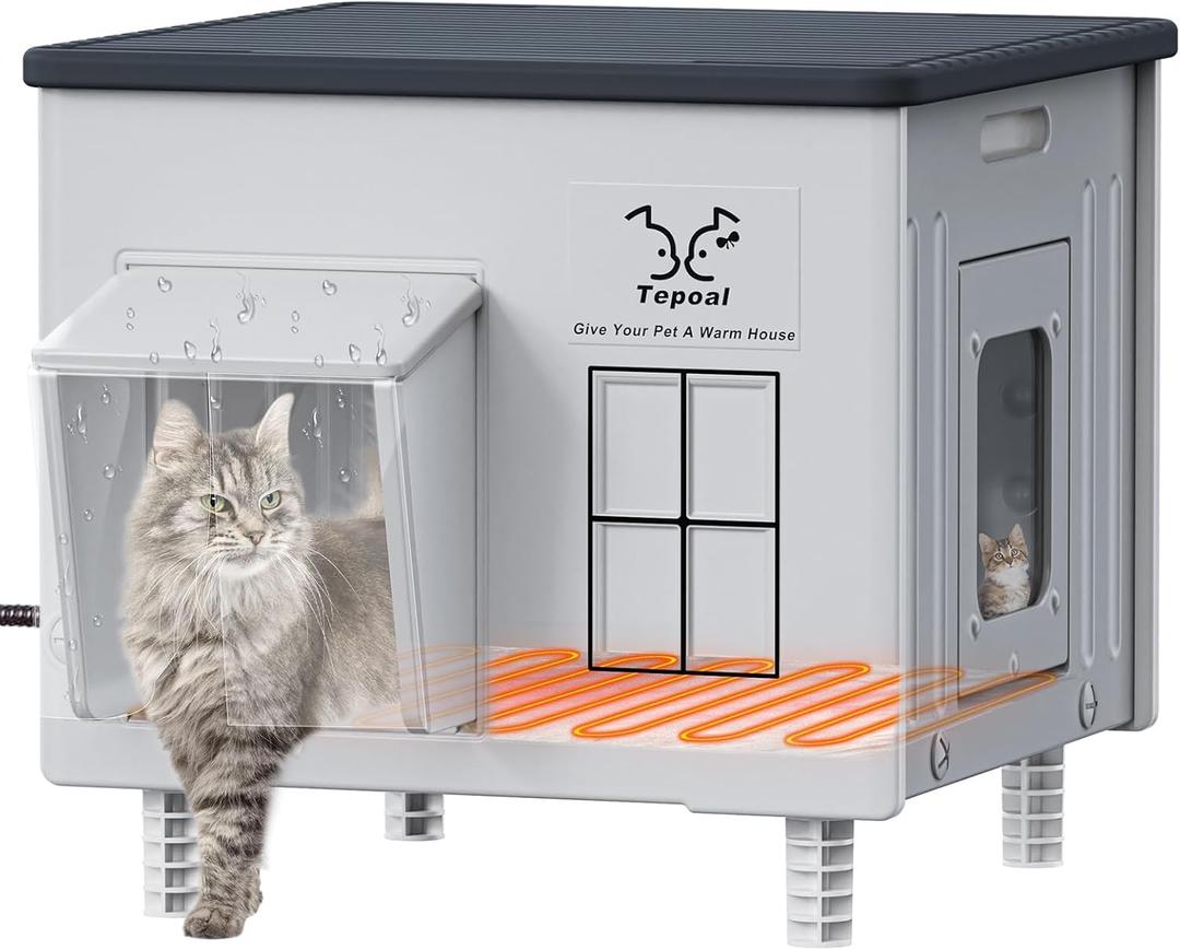 Indestructible Heated Cat House for Outside - Extremely Waterproof & Weatherproof Heated Outdoor Cat House with Escape Door for Winter, Insulated Feral Cat Shelter for Barns Strays, 17.7x15x17.5 in