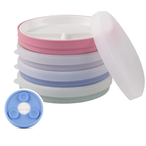 Elk and Friends Kids 6.7” Porcelain Divided Plates with Silicone Suction Sleeves + Silicone Lids | Suitable for Babies/Kids/Toddlers | Microwave & Dishwasher Safe | Non Slip | Snack Dishes | 4 Pack______ MISSING 2 LIDS