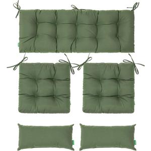 Outdoor Wicker Chair Cushions of 5Pieces,Tufted Patio Bench Cushions & 2Seat Cushions with Ties,2Lumber Pillows,Waterproof Cushions for Patio Furniture -Deep Green