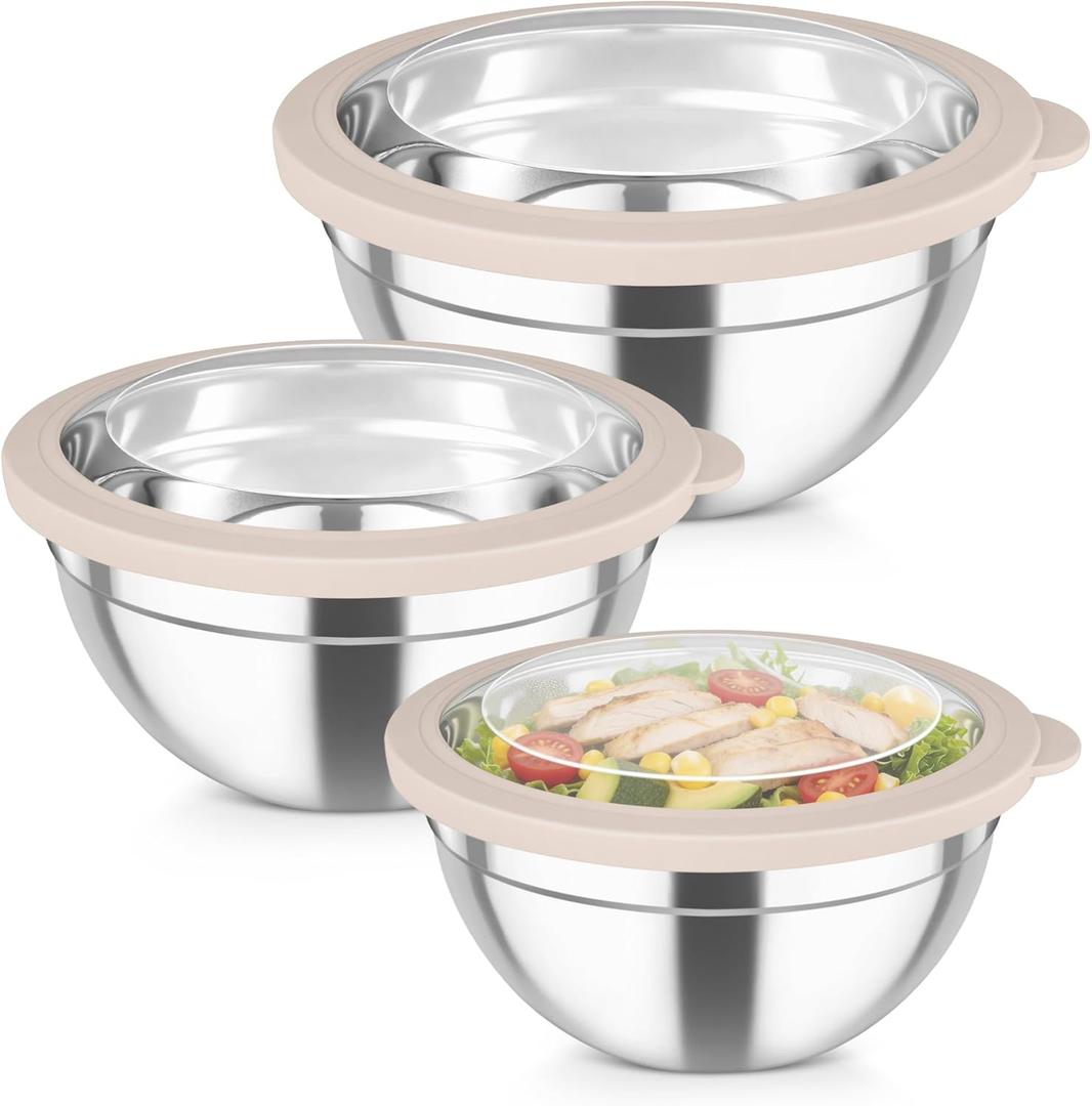 TeamFar Mixing Bowls with Lids, 4.5/3/1.5 QT Stainless Steel Nesting Salad Bowls with Airtight Lids, For Serving/Mixing/Storing/Prepping, Healthy & Sturdy, Visible & Easy Clean, Khaki, Set of 3