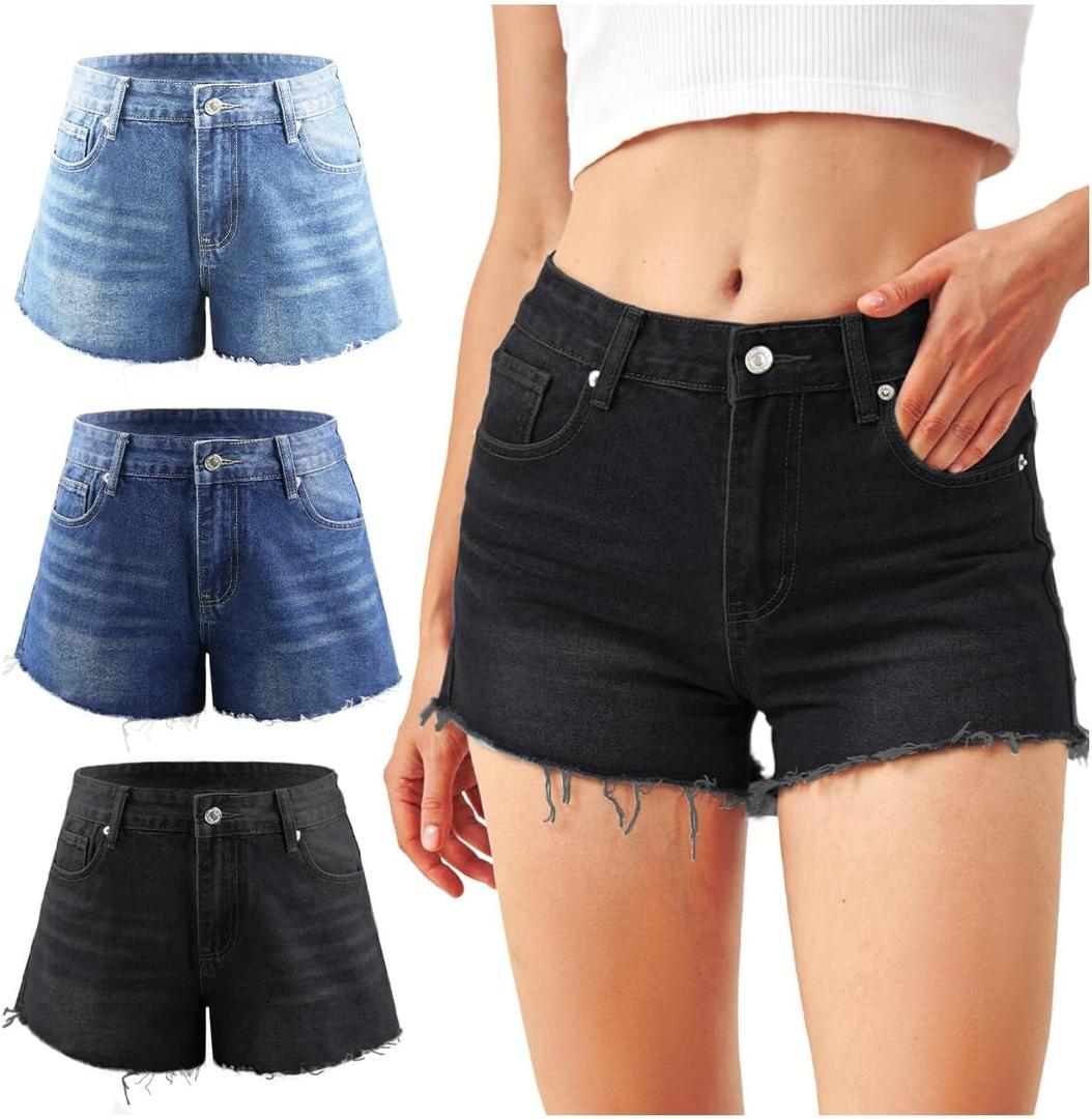 Liloak Womens Pack of Washed Denim Jean Shorts Mid Rise Casual Ripped Frayed Hem Summer Hot Shorts Pack (M)