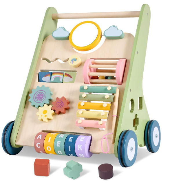 Wooden Baby Walker Wheels,Baby Push Walker for Babies 12 Months+ Montessori,Toddler Walker Push Toy Wooden Activity Walker for Boy,Walking Toys12 Months+ Learning to Walk, Green