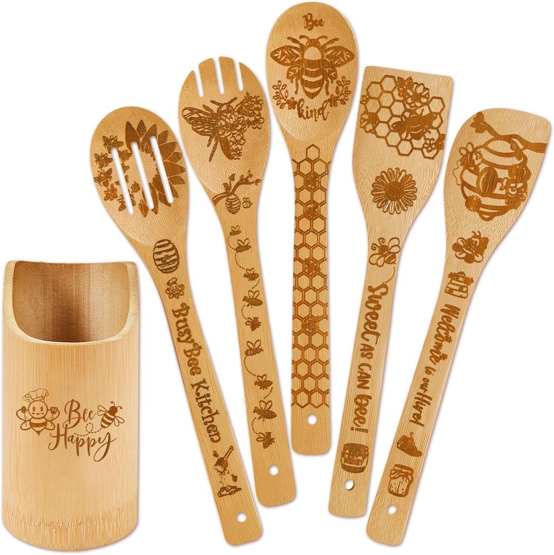 6 PCS Bee Wooden Cooking Bamboo Spoons Set,Bumble Bee Kitchen Utensil Decor and Accessories for Home,Honeybee Themed Gifts for Women, Honeybee Stuff for Bee Lovers,Christmas