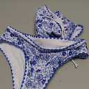 WDIRARA Women's Floral Print Strapless Lace Up Bikini Swimsuit 2 Piece Bathing Suit (Medium, Blue and White)