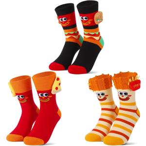 3 Pairs Funny Socks Novelty Food Mid Tube Cotton Sock Include Hamburgers & Pizza & Fries 3D Pattern for Men Women