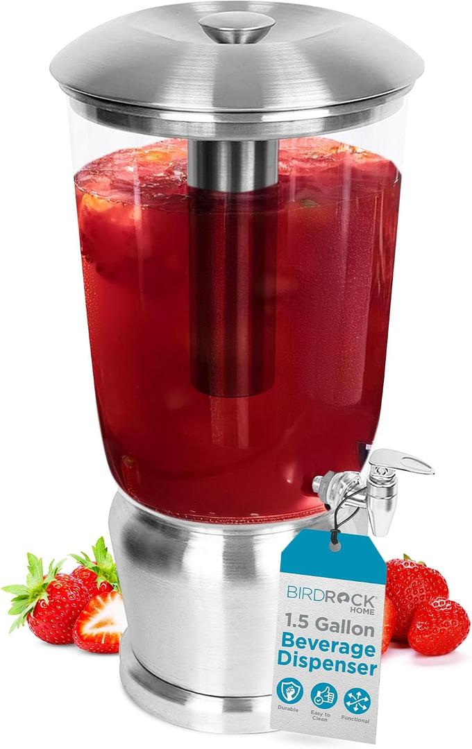 BIRDROCK HOME Large Beverage Dispenser with Stand, 1.5 Gallon
Drink Dispenser for Parties with Stainless Steel Spigot and Dual Ice Chambers for Iced Tea, Lemonade, Juice, or Sangria
