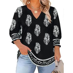 TFSDOD Boho Tops for Women Trendy 2026 Plus Size Spring Break Clothes 3/ 4 Length Sleeve Womens Tops V Neck Smocked Shirts Spring Womens Blouses XXL