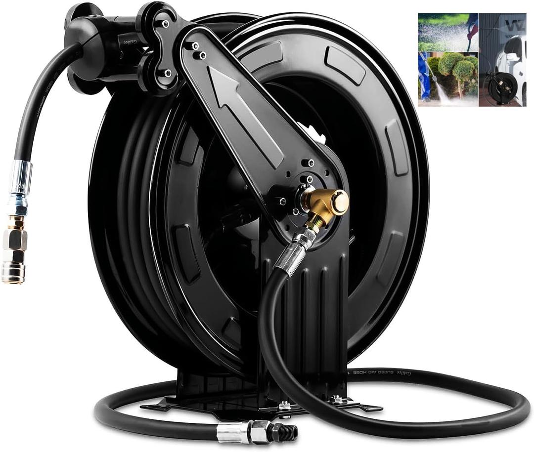 Retractable Pressure Washer Hose Reel, Heavy Duty Steel Professional Power Wash Hose Reel Double Arm 50FT x 3/8" with 5 ft Lead for Water/Air/Oil4000 PSI [Pressure cleaning hose not included ]