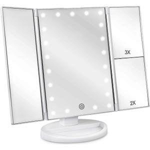 Deweisn Floor Mount Tri-Fold Lighted Vanity Mirror with 21 LED Lights, Touch Screen and 3X/2X/1X Magnification, Two Power Supply Modes Make Up Mirror,Travel Mirror (White)