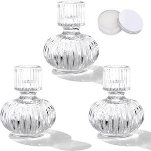Glass Candlestick Holders Set of 3, Reversible Taper Candle Holders with Adhesive Wax, Ribbed Lantern Design Crystal Votive & Tealight Holder for Table Centerpieces Wedding Party Decor