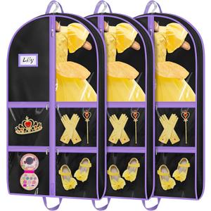 MISSLO Dance Garment Bags for Dancers with 4 Pockets Garment Bags for Dance Costumes 40" Cheer Uniform Garment Bag Hanging Kids Garment Bag for Recital, Competition, Travel, Storage, 3 Packs