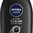 NIVEA Men Active Clean Body Wash with Natural Charcoal for Normal to Oily Skin, 3-in-1 Charcoal Body Wash, Face and Hair, Draws Out Dirt and Impurities, 30 Fl Oz Bottl, MAXIMUM HYDRATION