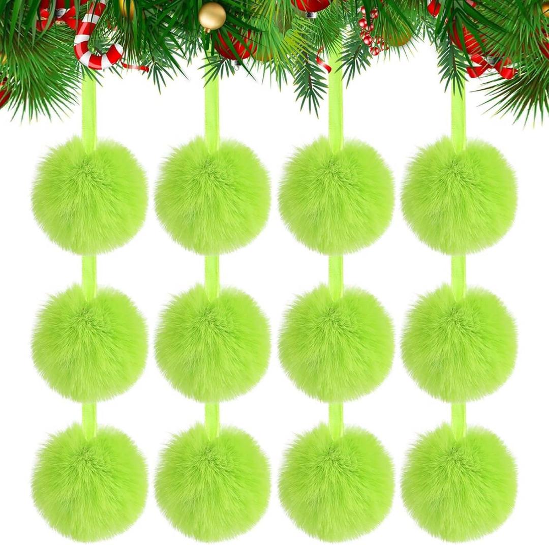 2 x 12Pcs Lime Green Christmas Tree Ornaments Furry Ball 2.4 Inch Pom Pom Party Hanging Decorations Supplies