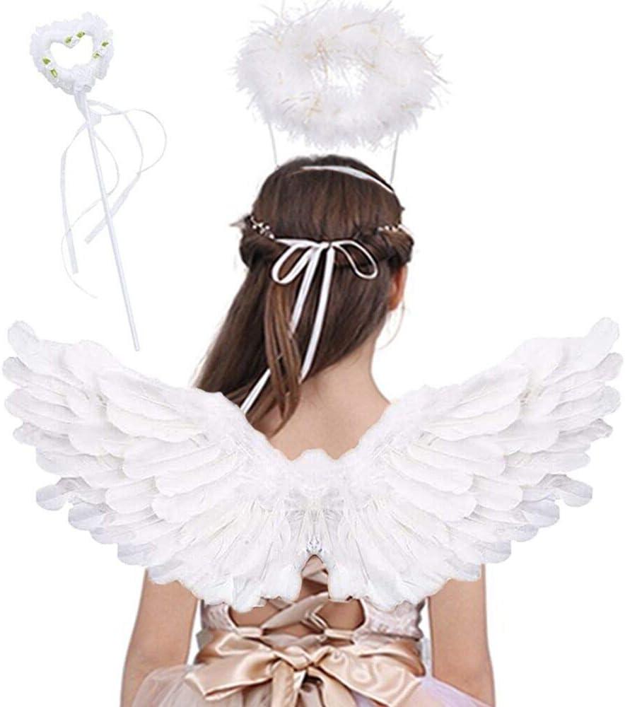 Jackcell Angel Wings for Kids, Angel costume with Halo Magic Wand, Feather Dress Up Props Cosplay Halloween Party (White)