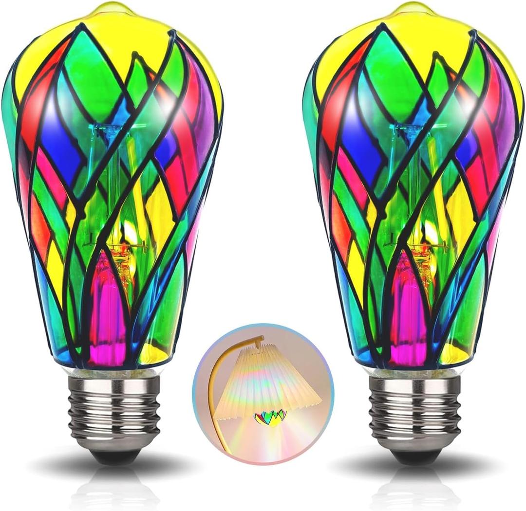 LED Stained Glass Light Bulb LED Bulbs,4W E26 Base ST19 LED Colored Light Bulb Stained Glass Bulb,for Decoration,Party,Home Lighting,Garden,Balcony,2 Pack