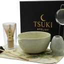 7 Pcs Matcha Whisk Set Matcha Kit - Ceramic Bowl, Bamboo Whisk & Holder, Scoop, Sifter, Scoop Rest & Tea Towel Elegant Matcha Kit for Tea Lovers, Home Decor & Zen Spaces (Green)