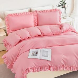 ZSYAYAHA Pink Ruffle Duvet Cover Set Twin Size 3 Pieces Girls Comforter Covers Farmhouse Shabby Chic Duvet Set Soft Cute Ruffled Bedding Cover for Kids Teens(Pink, Twin)