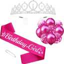 Birthday Girl Sash and Rhinestone Tiara Kit, Silver Letter Hot Pink Birthday Sash Balloons Crystal Silver Tiara Crowns for Girl Birthday Gift Ideas Party Decorations