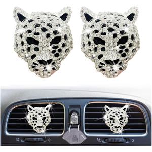 2Pcs Silver Bling Leopard Air Vent Clips, Crystal Leopard Car Air Fresheners and Diffusers, Rhinestone Car Decoration and Interior Accessories