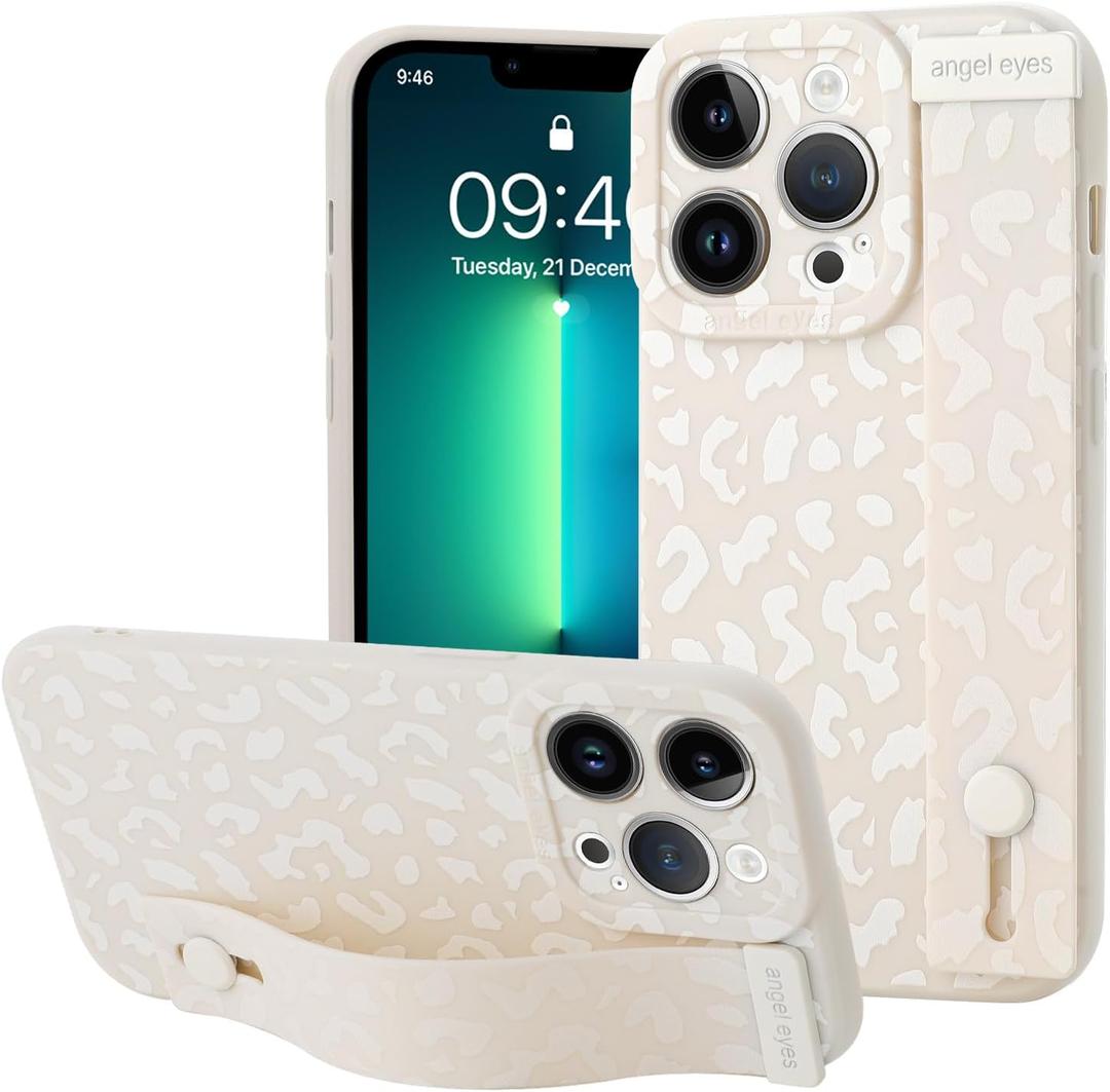 OOK Compatible with iPhone 13 Pro Max Leopard Print Case with Wrist Strap, White Leopard 6.7inch Cover Cheetah Print with Camera Protection for Women Girls, White Leopard