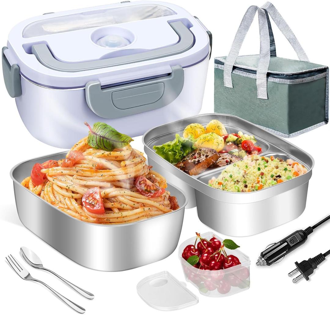 LAVAED Heated Lunch Box Warmer - 80W Electric Lunch Box for Adults - 2 in 1 Food Heater for Car/Truck/Office/Outdoor - BPA Free