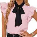 SOFIA'S CHOICE Women Tie Neck Bow Blouse Ruffle Cap Sleeve Work Office Tops Casual Elegant Shirt Pink Small (Pink, S)