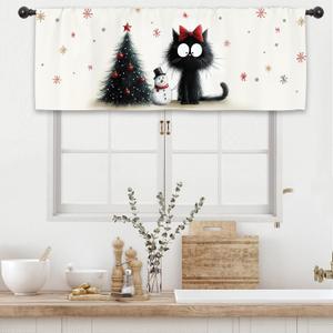 Funny Black Cat Christmas Kitchen Curtain Valance 54W x 18L Inch Watercolor Winter Tree Holiday Rod Pocket Short Cafe Small Window Treatment Drapes Decor