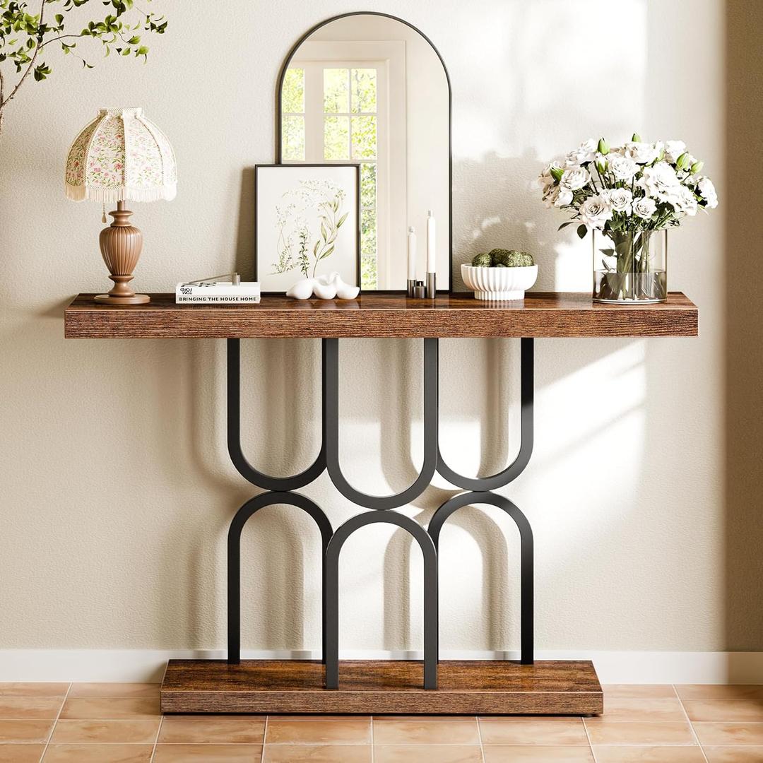 Huuger 47.2 Inch Entryway Table, Industrial Console Sofa Table, Narrow Accent Table, for Entry, Hallway, Entrance, Foyer, U-Shaped Metal Base, Rustic Brown