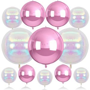 Biapian 12Pcs Pink and Iridescent Round Balloons Foil, 22" 18" 15" 10" 4D Round Shaped Ball Balloon, Large Pink Bubble Balloons for Wedding Prom Bridal Baby Shower Birthday Party Decorations Backdrop
