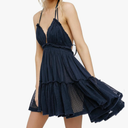 R.Vivimos Womens Summer Halter Deep V Neck Sexy Patchwork Mini Short Dresses XL
