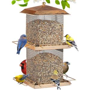 Large Bird Feeder, Double Tier Metal Bird Feeders for Outdoors, Square Tower Birdfeeder for Decorating Courtyard, Garden, Birds Watching, Gifts (Bronze)