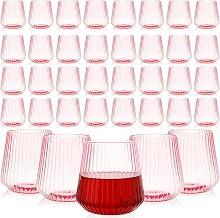 100 Pcs Suclain14oz Ribbed Plastic Wine Glasses Disposable, Pink