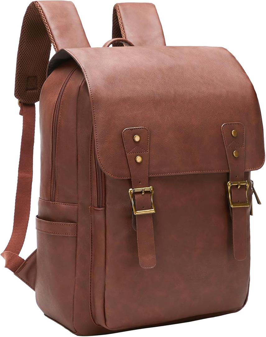 Leather Backpack for Men Women, 15.6in Laptop Backpack Waterproof Vintage Backpack for Commute Work Travel College Bookbag, Dark Brown