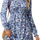 Dokotoo Fall Dresses for Women 2025 Casual V Neck Lantern Long Sleeve Floral Shirred High Waist A-Line Boho Dress (White, XL)