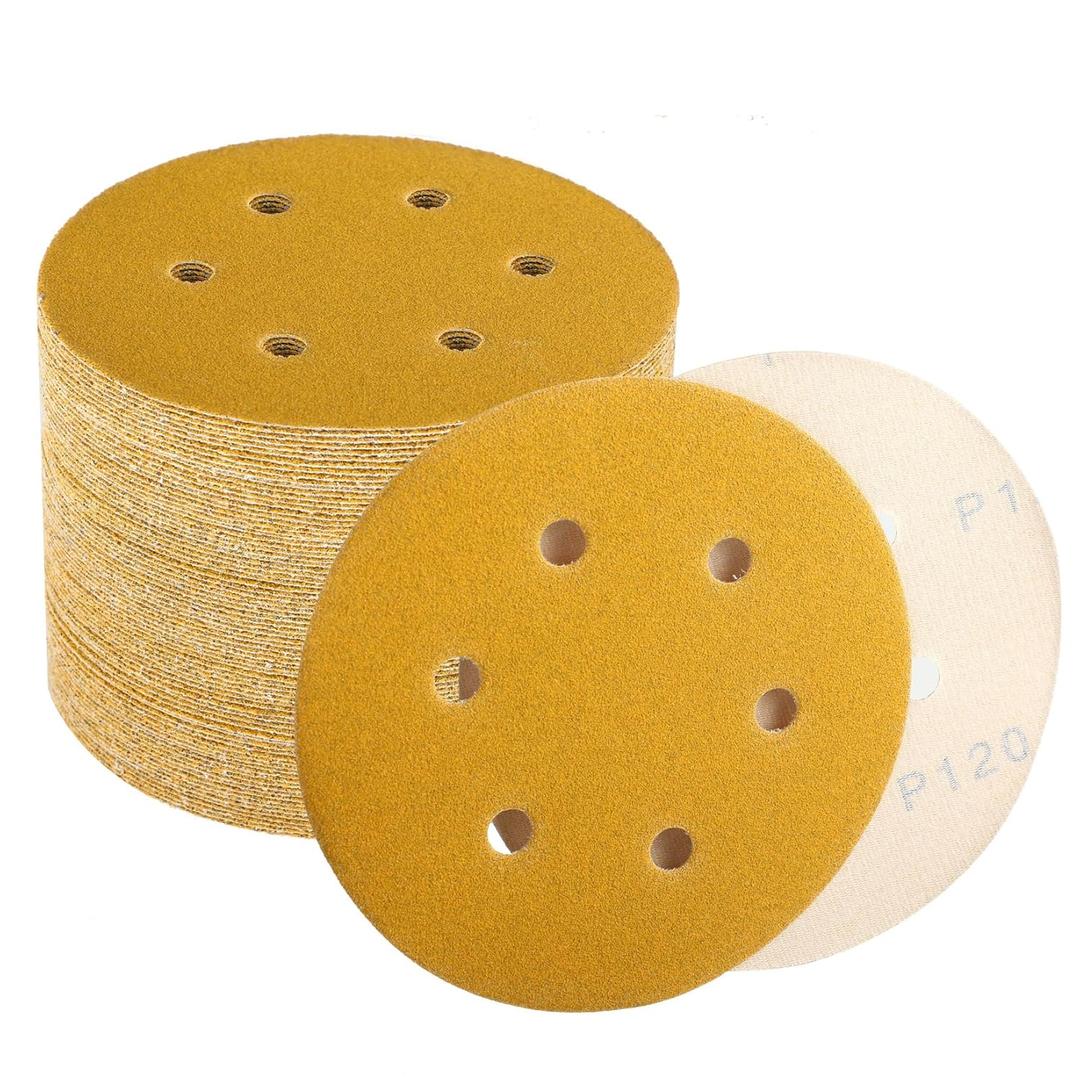 6 Inch Sanding Discs Hook and Loop, 120 Grit Sandpaper for Orbital Sander, Professional for Automotive and Woodworking, 100 Pack