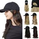 Baseball Hat Wig,Hat with Hair attached 24'' Adjustable Black Cap with Long Wavy Synthetic Hair Extensions for Women Girls(Dark Black)