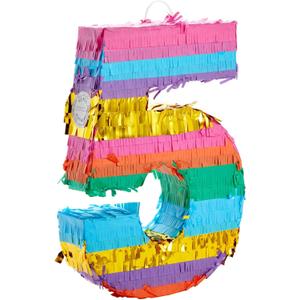 Rainbow Number 5 Pinata for 5th Birthday Party Decorations, Fiesta, Cinco de Mayo Celebration (Small, 12 x 16.5 x 3 In)