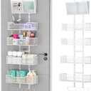 Hongtamoya Adjustable Over The Door Organizer, Hanging Door Storage with PVC Pocket and 4 Metal Baskets Wall Mount, Closet Door Organizer Behind Door Rack for Bathroom Bedroom Closet, White