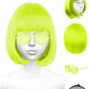 Neon Green Wig and Party Sunglasses, Rainbow Wig with Neon Glasses Wigs for Women, Short Light Lime Green Wigs - Bachelorette Party Decorations Favors (Lemon Green)