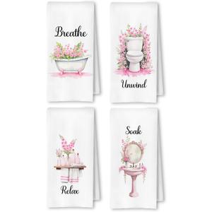 Farmhouse Pink Botanical Bathroom Hand Towels, Relax Breathe Soak Unwind Botanical Decorative Hand Towels for Gym Yoga Spa Decor, 16x24 Inches Set of 4