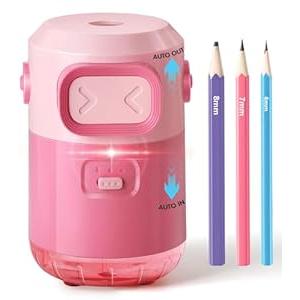 Electric Pencil Sharpener for Kids - Fully Automatic in&Out for Colored Pencils 6-8mm, Rechargeable Sharpener, Suitable for Classroom/ Home/ Office, Pink