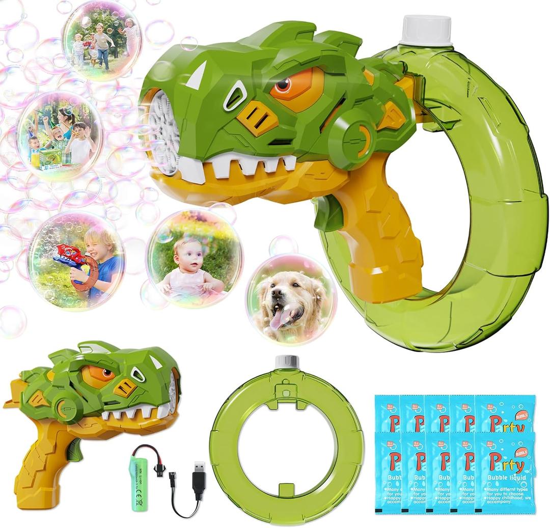 Bubble Gun, Rechargeable Bubble Machine Bubble Toys for Kids Ages 4-8, Dinosaur Bubble Blaster Blower with 10 Pack Refil Solution, Summer Outdoor Toys for Boys Birthday Gift (Green)