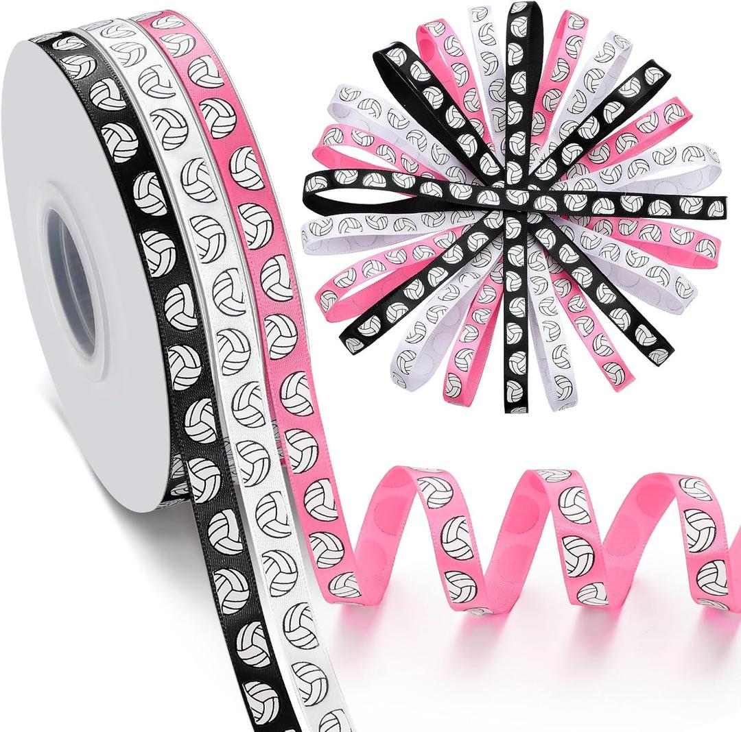 Poen 3 Rolls 75 Yards Volleyball Ribbon 3/8-inch Pink Black White Cheer Ribbon Volleyball Party Decor Supplies Sports Favors for Team Hair Bows Wreath Lanyards Gift Wrapping(Black, White, Pink)