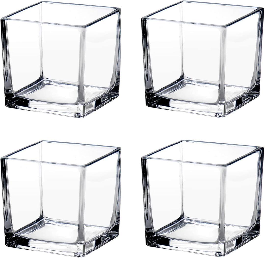 Square Glass Vases 4"x4" Clear Cube Flower Vase for Wedding Centerpiece Candle Holder Home Decor, Set of 4