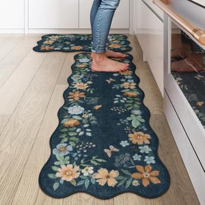 LEEVAN Kitchen Rugs Non Slip Sets of 2,Navy Blue Soft Washable Modern Floral Kitchen Mat for Floor,Indoor Low Pile Rug for Kitchen,Laundry,Bathroom,Office(24''x36''+24''x51'')