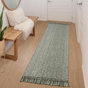 Collive Boho Runners for Hallways 2x7 ft, Washable Kitchen Runner Rug Low-Profile Neutral Indoor Entryway Rug, Olive Green/Cream Braided Cotton Floor Carpet for Laundry Room Bedroom Doorway